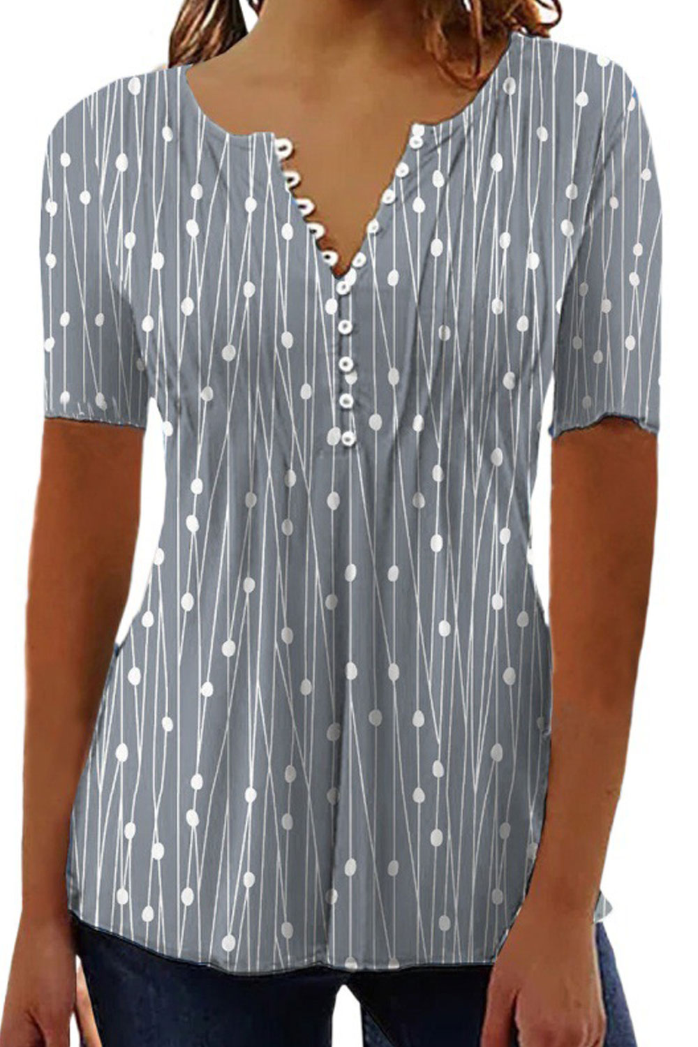 Women New Fashion V-Neck Wave Point Short Sleeved Polka Dots Urban Style Summer Casual Shirt