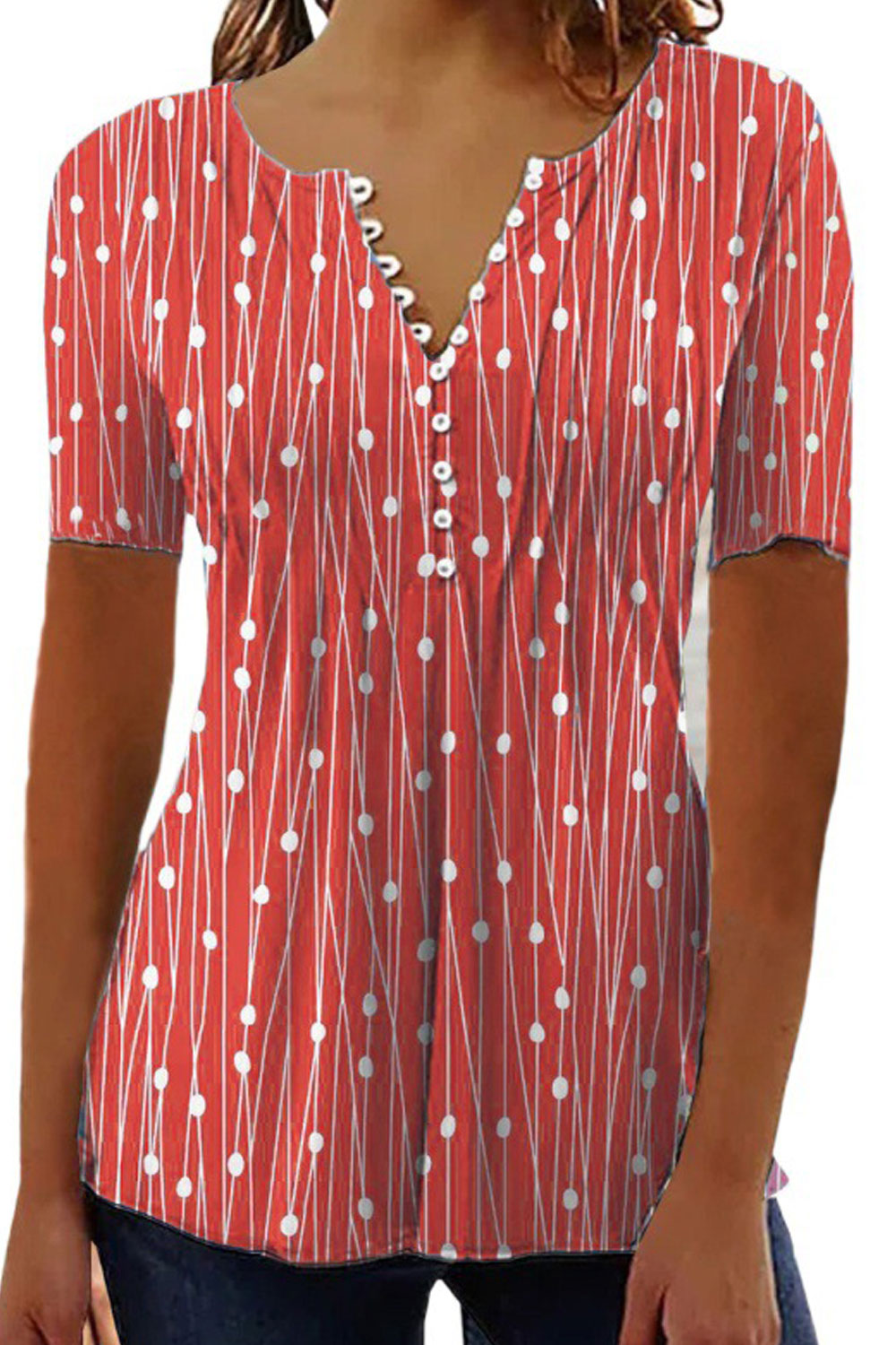 Women New Fashion V-Neck Wave Point Short Sleeved Polka Dots Urban Style Summer Casual Shirt