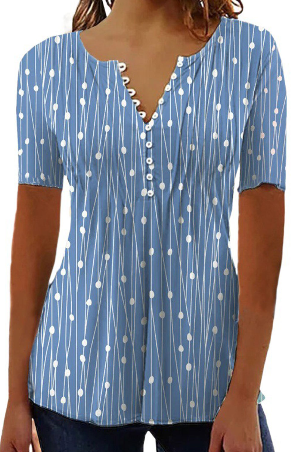 Women New Fashion V-Neck Wave Point Short Sleeved Polka Dots Urban Style Summer Casual Shirt