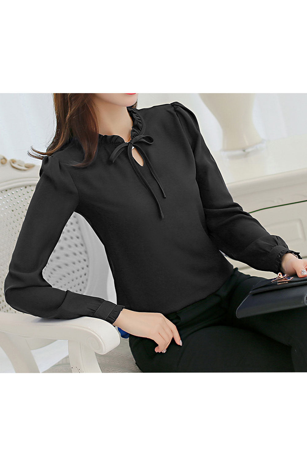 Women New Fashion Ribbon- Neck Long Sleeves Solid Color Loose Summer Top