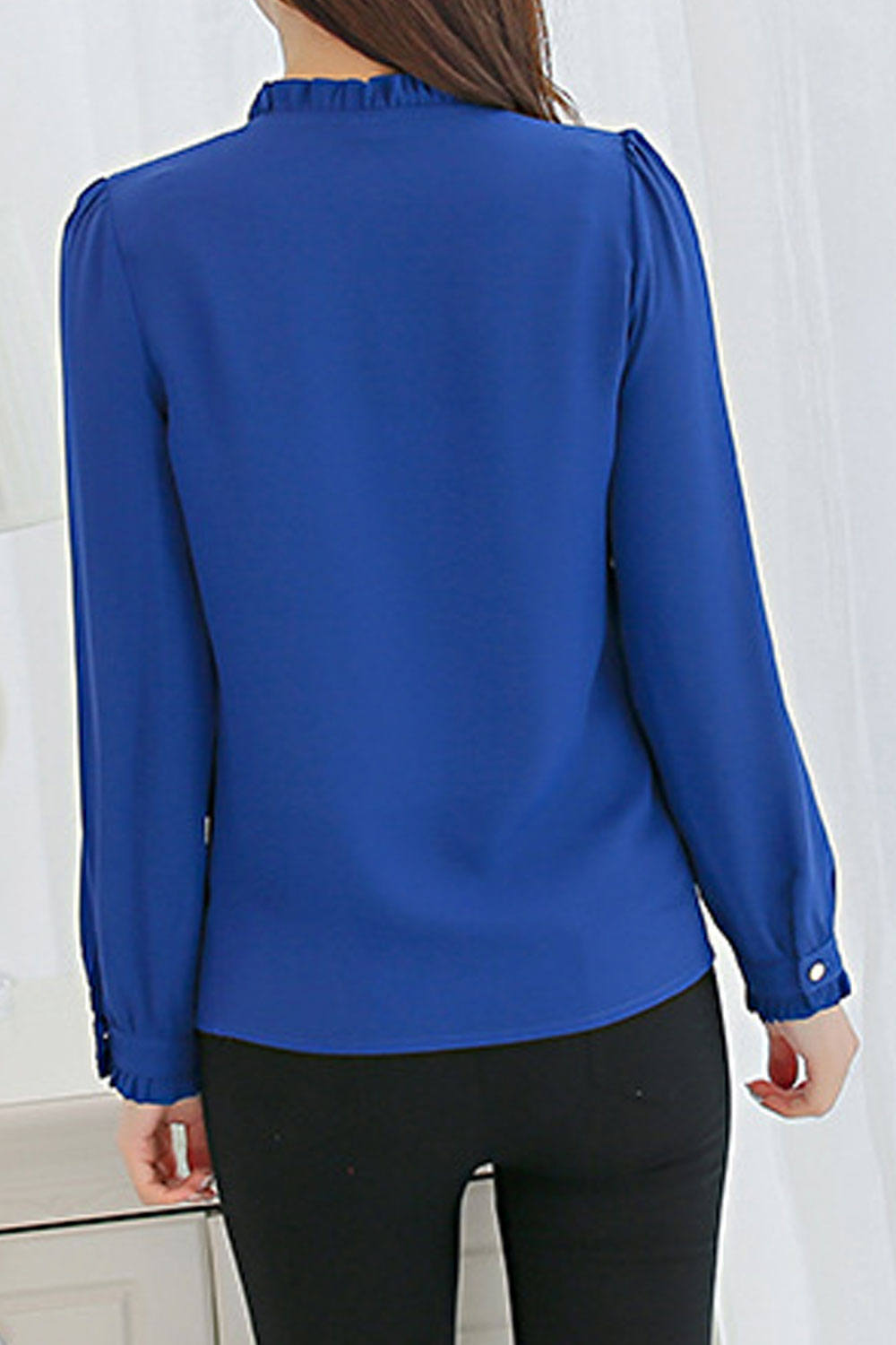 Women New Fashion Ribbon- Neck Long Sleeves Solid Color Loose Summer Top