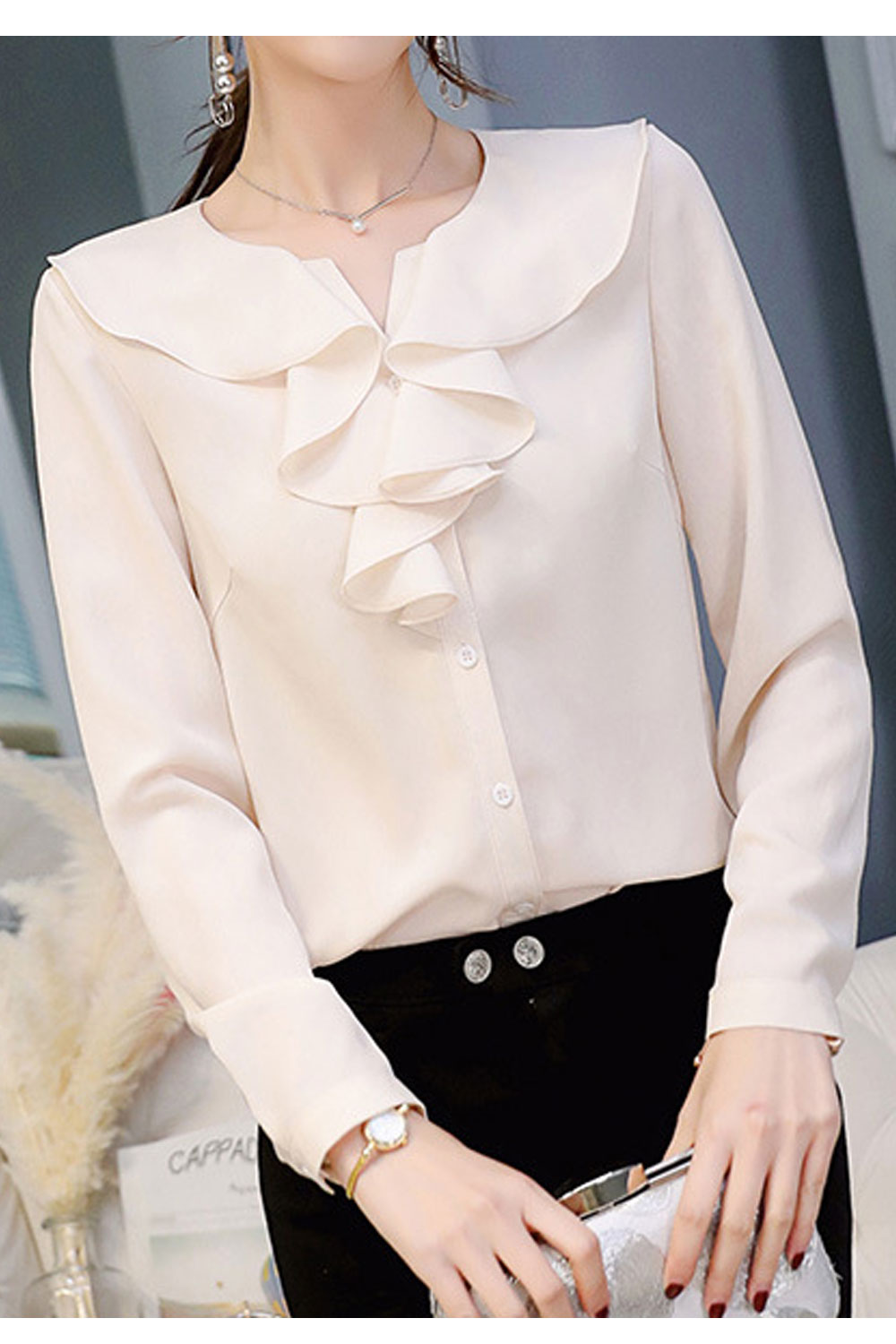 Women New Fashion Lapel Neck Long Sleeves Solid Color Slim-Fit Casual Summer Shirt
