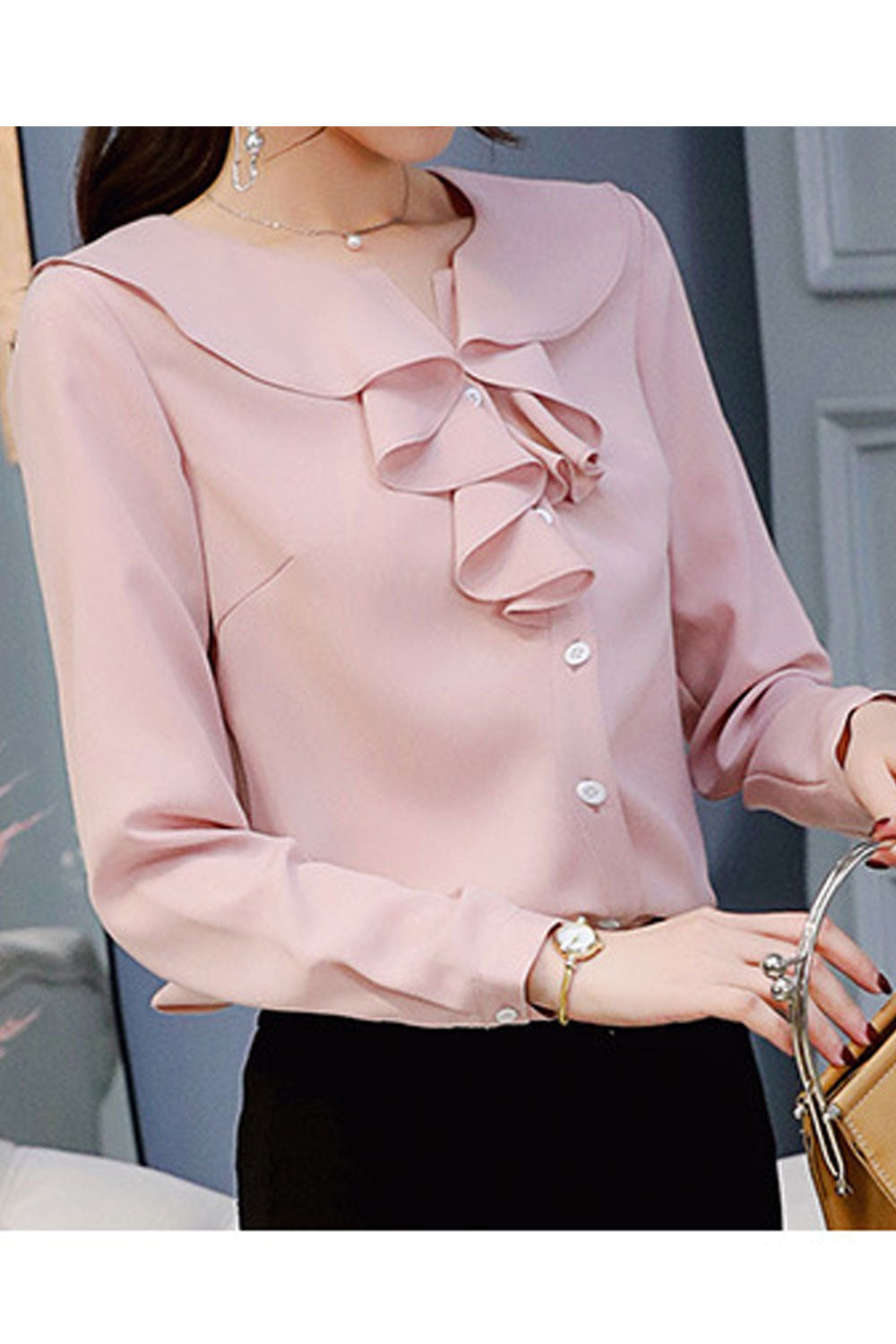 Women New Fashion Lapel Neck Long Sleeves Solid Color Slim-Fit Casual Summer Shirt
