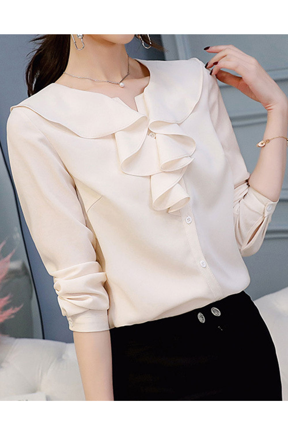 Women New Fashion Lapel Neck Long Sleeves Solid Color Slim-Fit Casual Summer Shirt