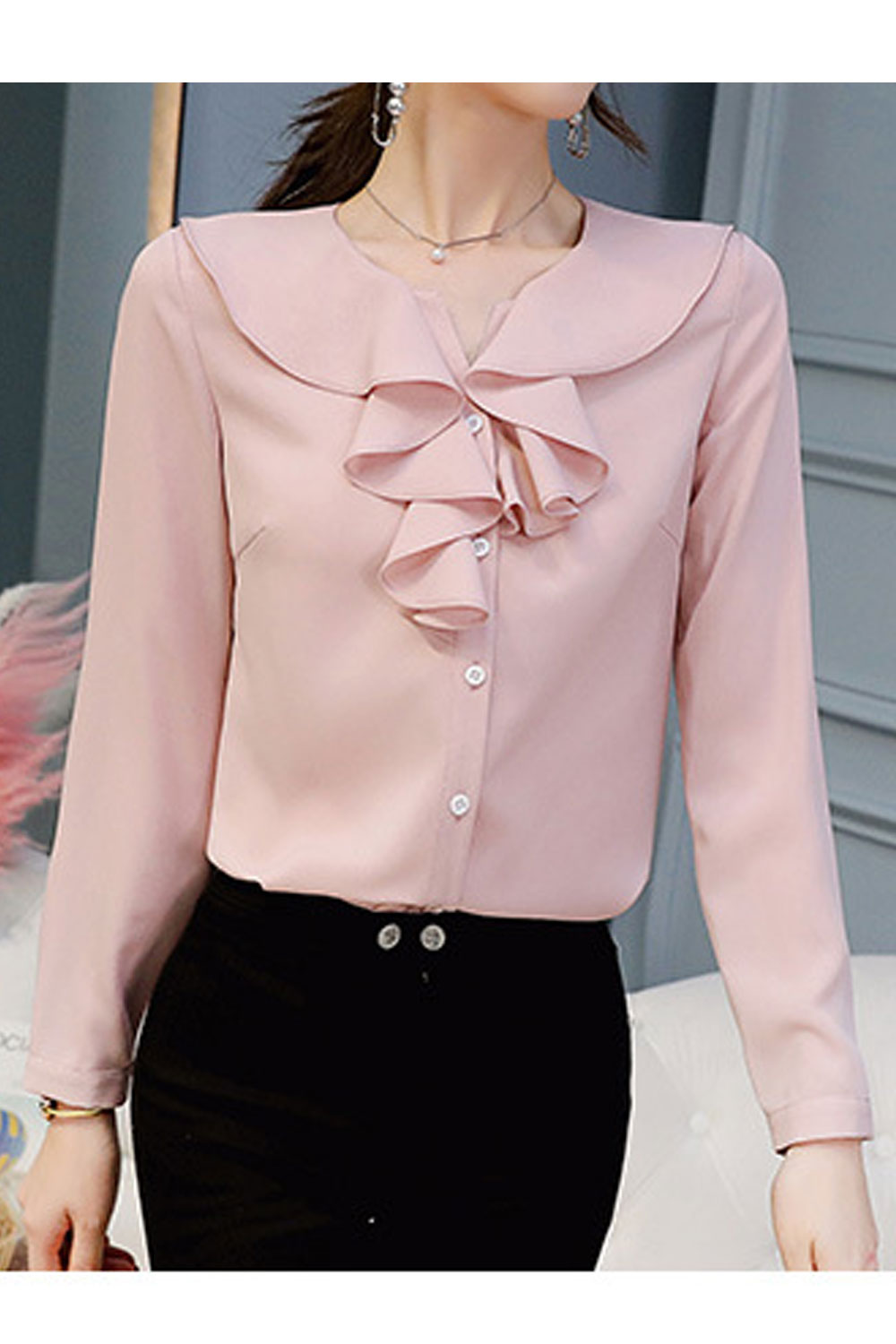 Women New Fashion Lapel Neck Long Sleeves Solid Color Slim-Fit Casual Summer Shirt