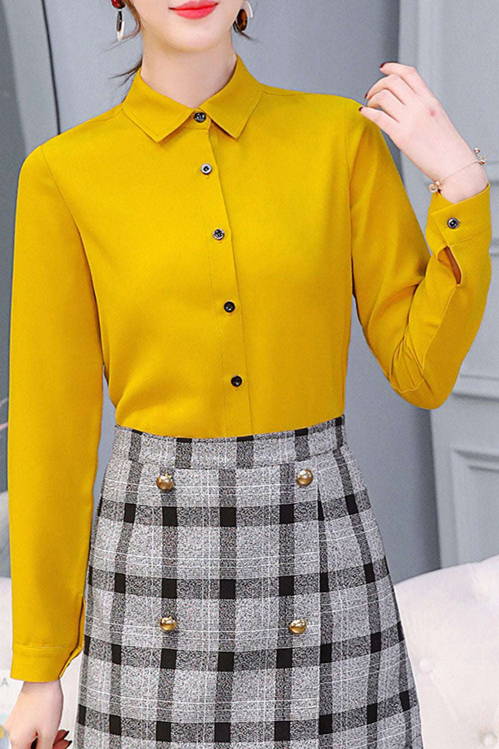 Women New Fashion Collar Neck Long Sleeves Solid Color Bottoming Slim-Fit Casual Summer Chiffon Shirt