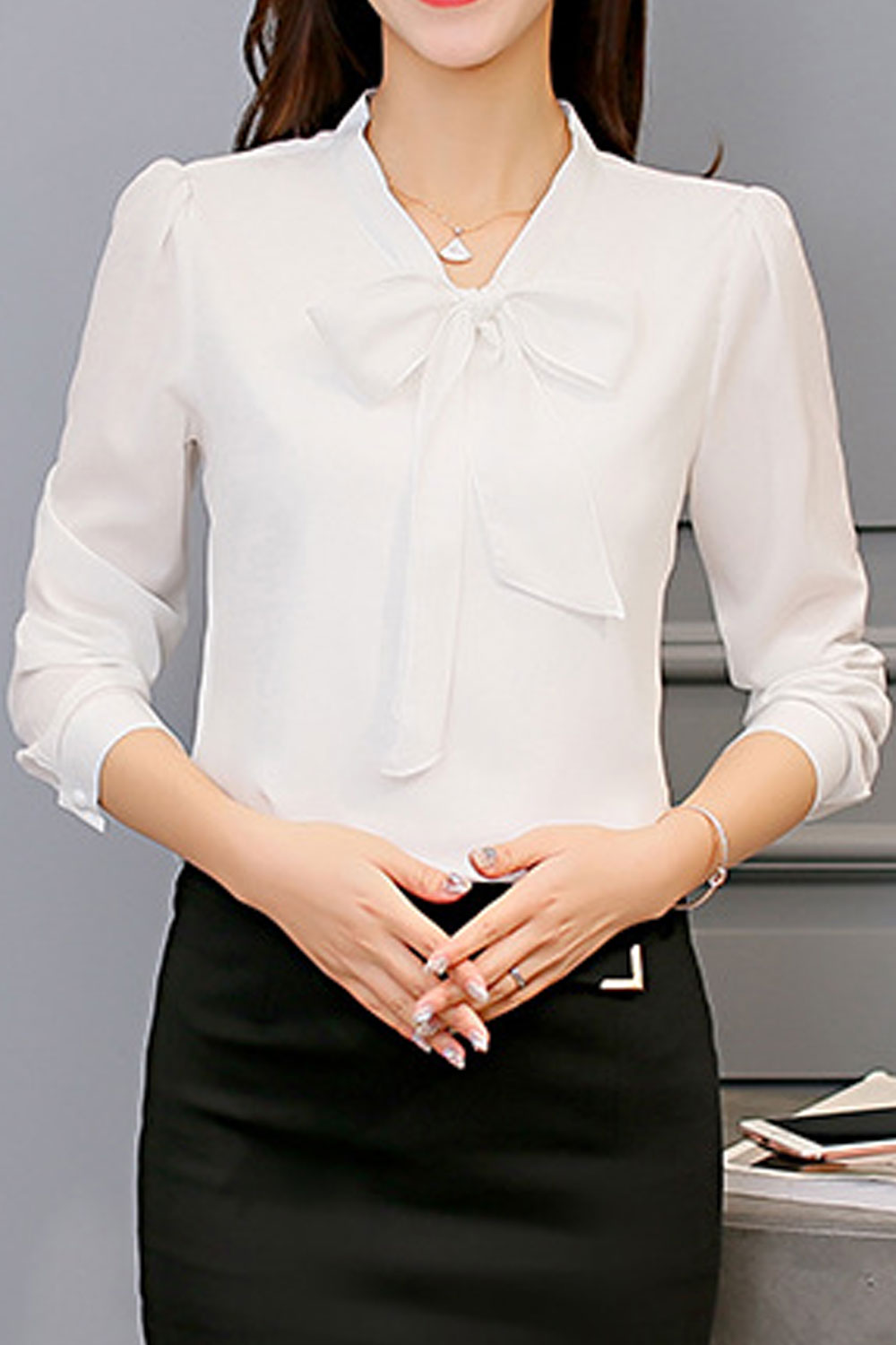 Women New Ribbon- Neck Long Sleeves Solid Color Fresh Style Bottoming Summer Top