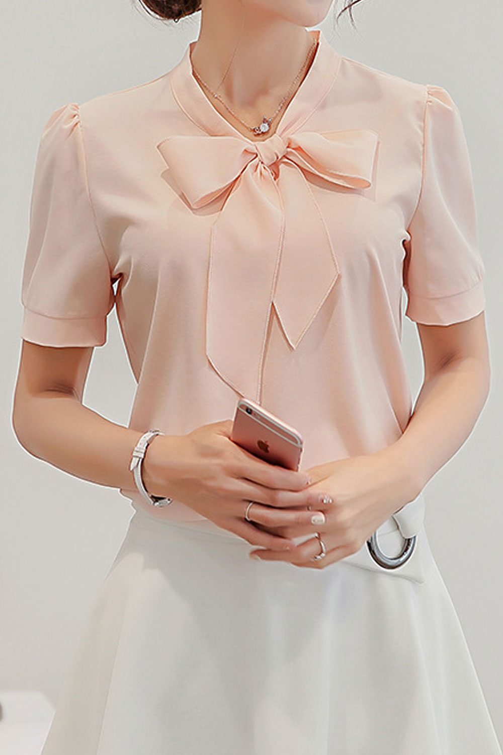 Women New Ribbon- Neck Long Sleeves Solid Color Fresh Style Bottoming Summer Top