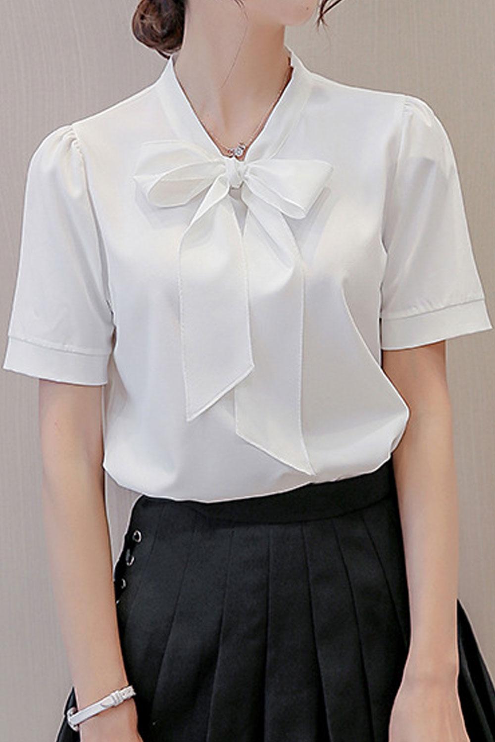 Women New Ribbon- Neck Long Sleeves Solid Color Fresh Style Bottoming Summer Top
