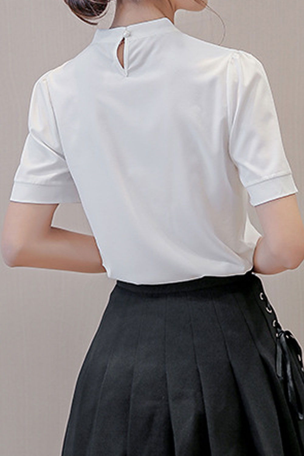 Women New Ribbon- Neck Long Sleeves Solid Color Fresh Style Bottoming Summer Top