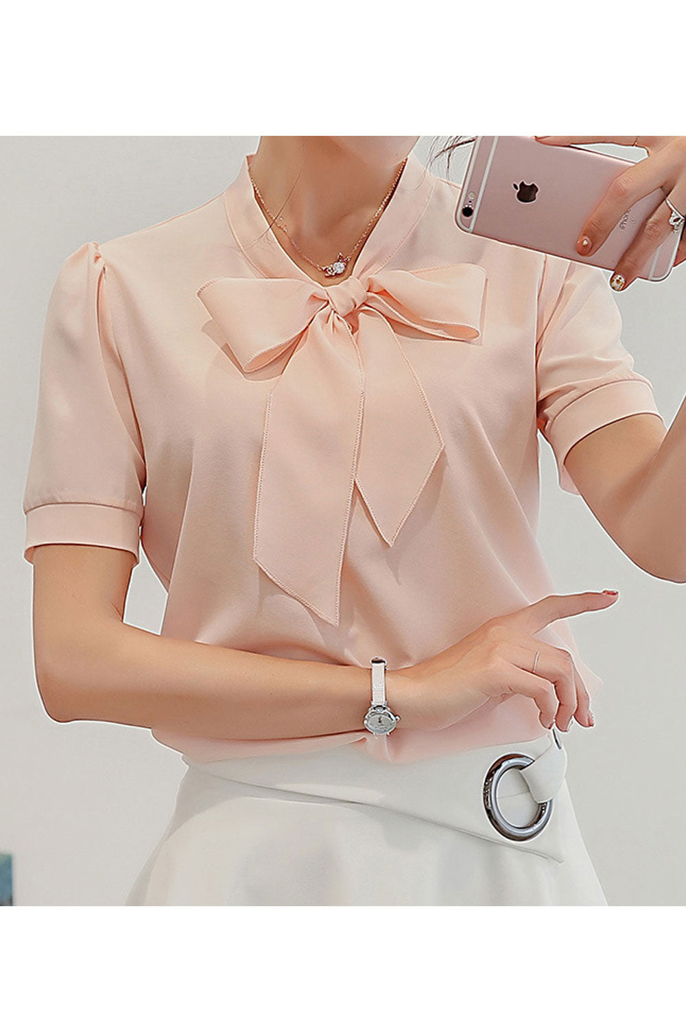 Women New Ribbon- Neck Long Sleeves Solid Color Fresh Style Bottoming Summer Top