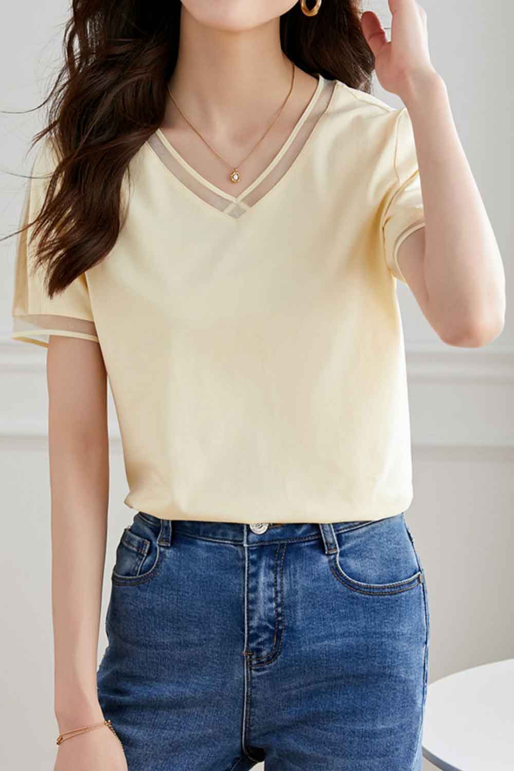 Women New Design Fashionable Pure Cotton V- Neck Short Sleeves Solid Color Pattern Summer New Temperament All-Match Splicing T-S