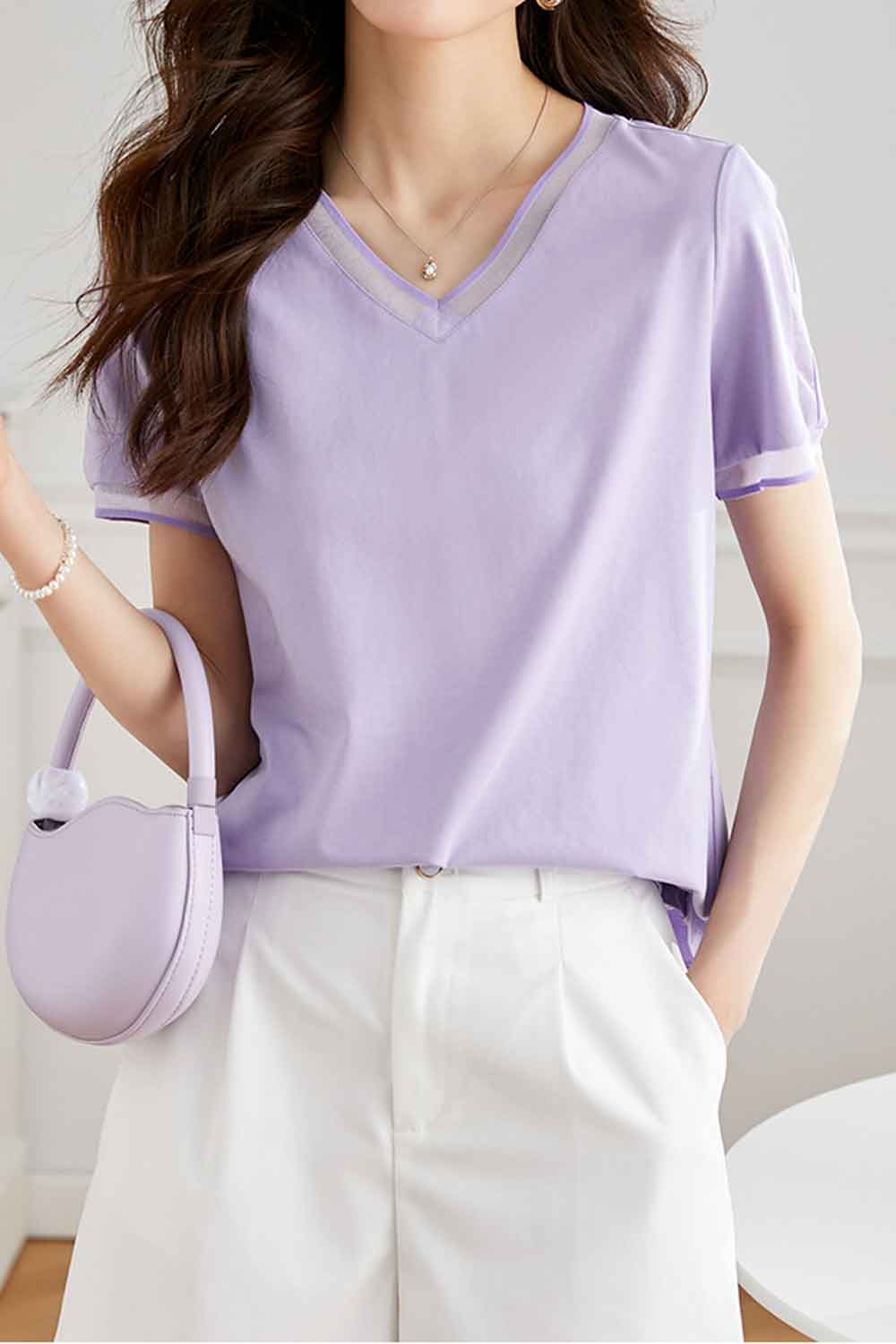 Women New Design Fashionable Pure Cotton V- Neck Short Sleeves Solid Color Pattern Summer New Temperament All-Match Splicing T-S