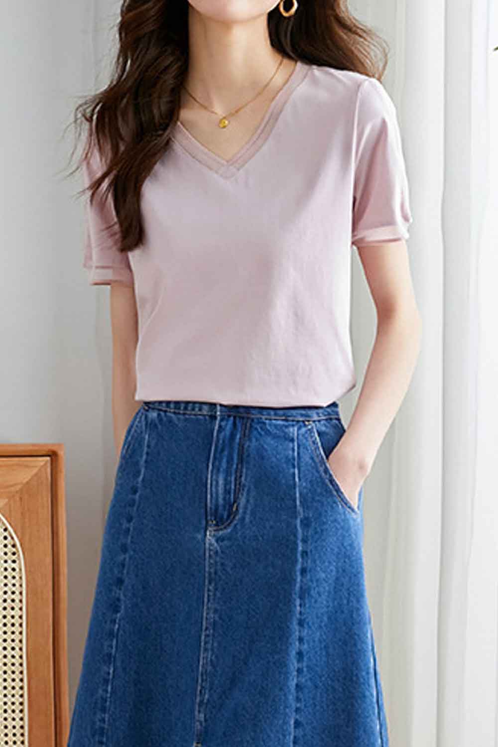 Women New Design Fashionable Pure Cotton V- Neck Short Sleeves Solid Color Pattern Summer New Temperament All-Match Splicing T-S