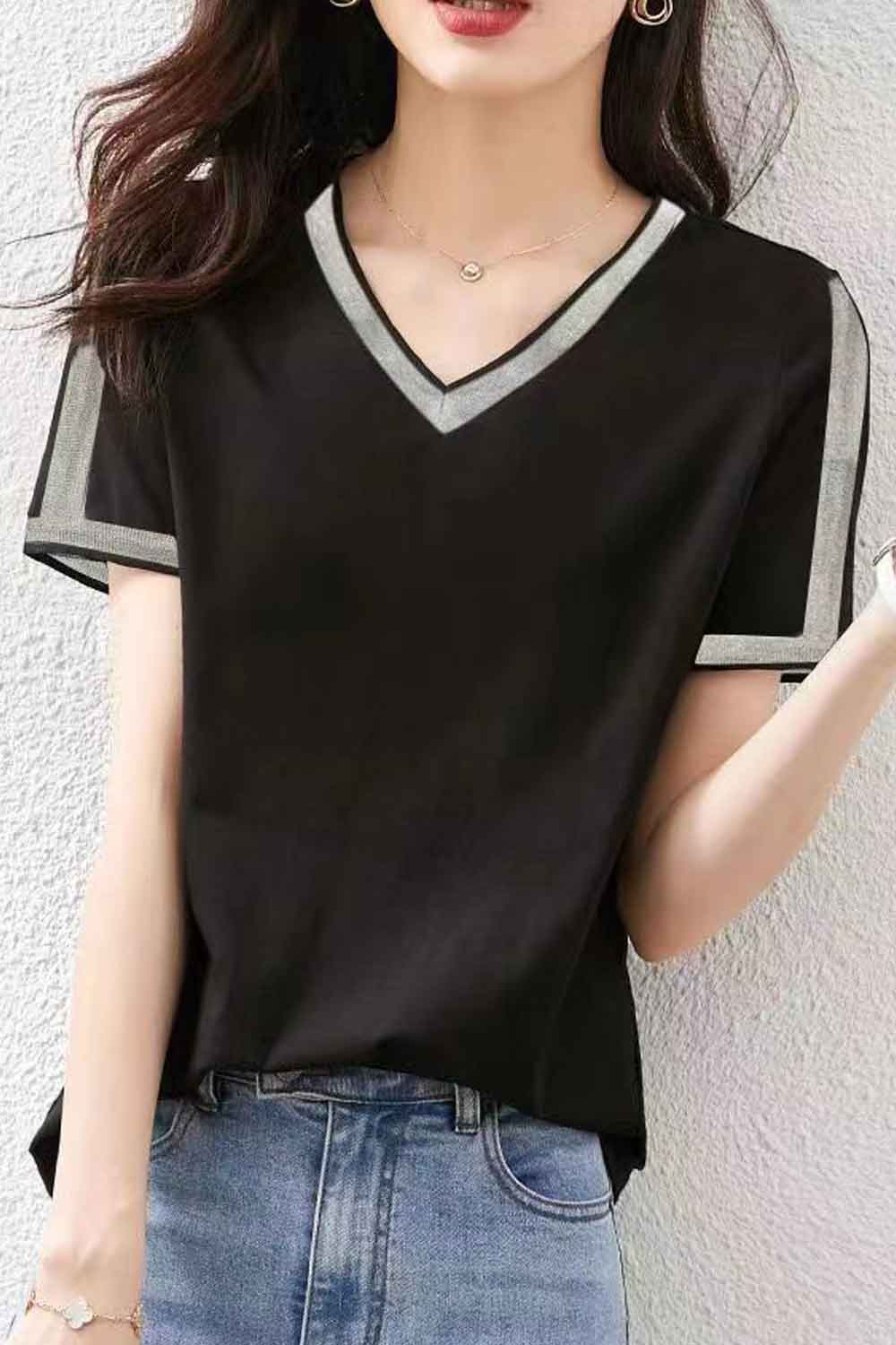 Women New Design Fashionable Pure Cotton V- Neck Short Sleeves Solid Color Pattern Summer New Temperament All-Match Splicing T-S