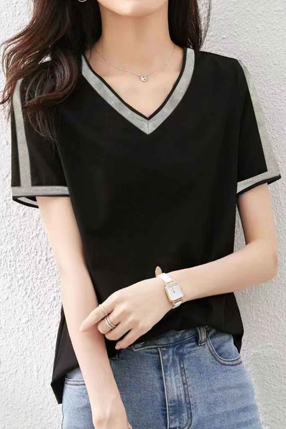 Women New Design Fashionable Pure Cotton V- Neck Short Sleeves Solid Color Pattern Summer New Temperament All-Match Splicing T-S