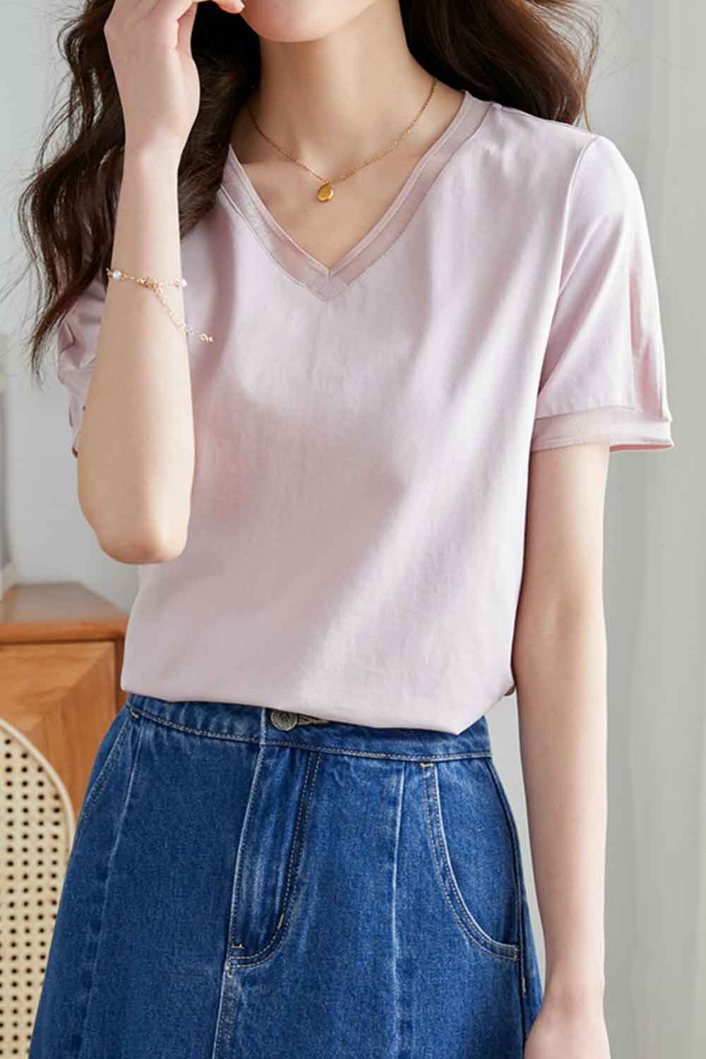 Women New Design Fashionable Pure Cotton V- Neck Short Sleeves Solid Color Pattern Summer New Temperament All-Match Splicing T-S
