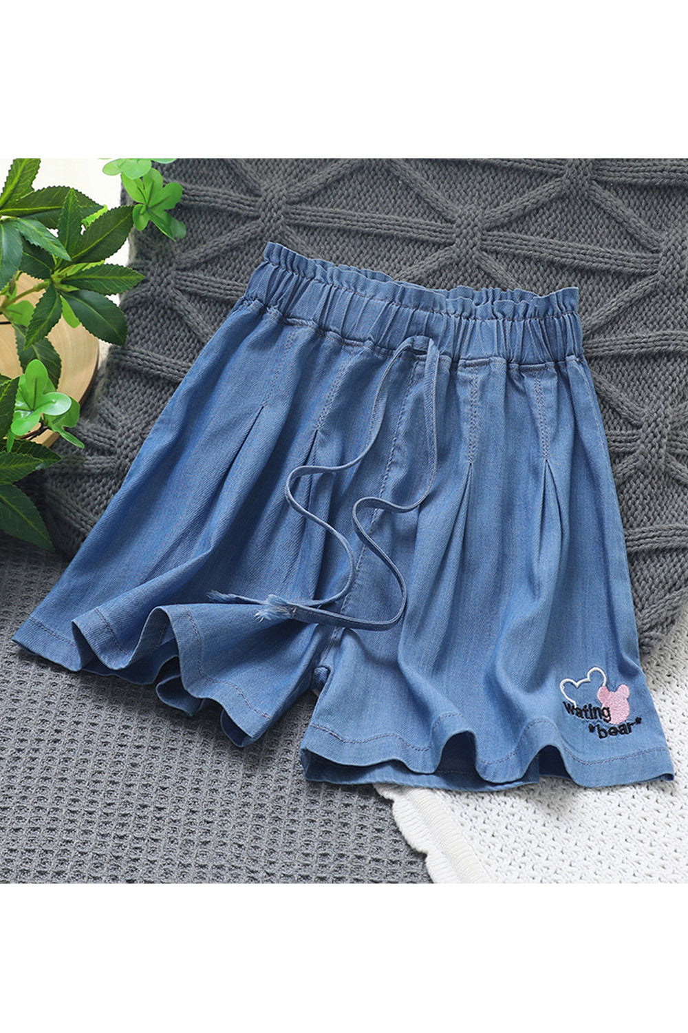 Kids Girls New Light and Thin Twill Stretch Tencel Denim Bear Embroidery Summer Shorts
