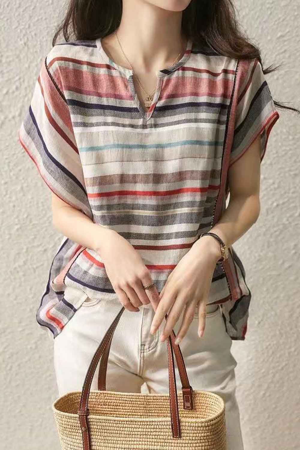 Women New Design Fashionable V-Neck Short Sleeves Striped Pattern Summer Thin Section Trendy Casual Cotton and Linen Fresh and S