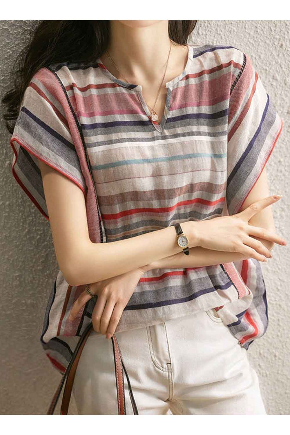 Women New Design Fashionable V-Neck Short Sleeves Striped Pattern Summer Thin Section Trendy Casual Cotton and Linen Fresh and S