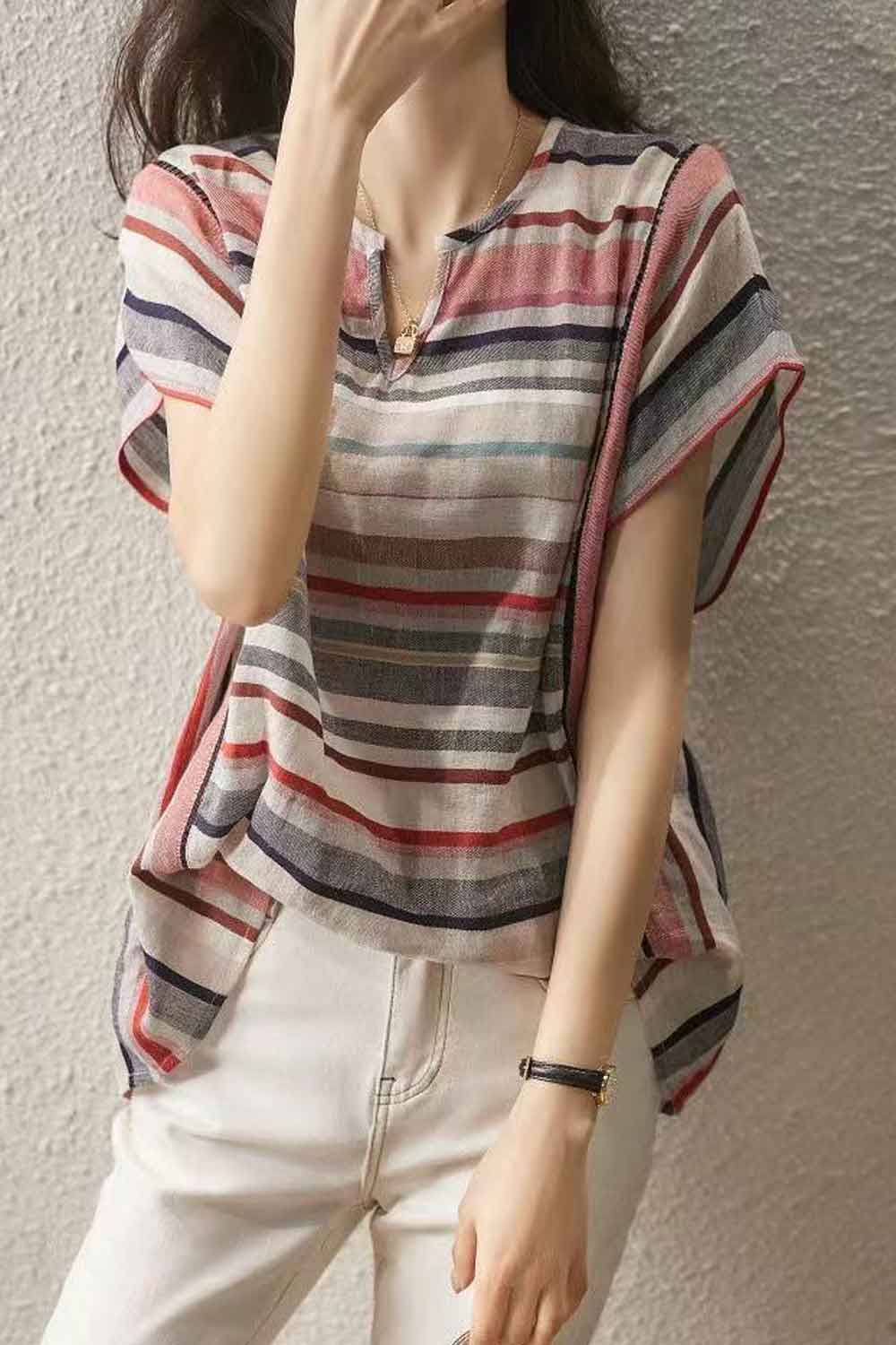 Women New Design Fashionable V-Neck Short Sleeves Striped Pattern Summer Thin Section Trendy Casual Cotton and Linen Fresh and S