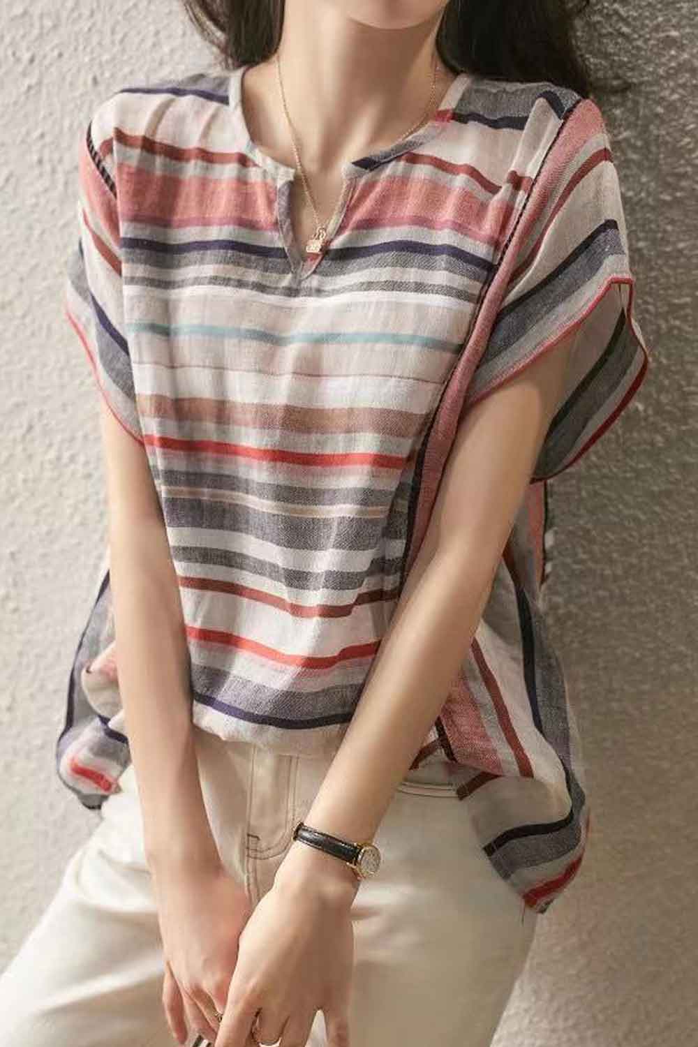 Women New Design Fashionable V-Neck Short Sleeves Striped Pattern Summer Thin Section Trendy Casual Cotton and Linen Fresh and S