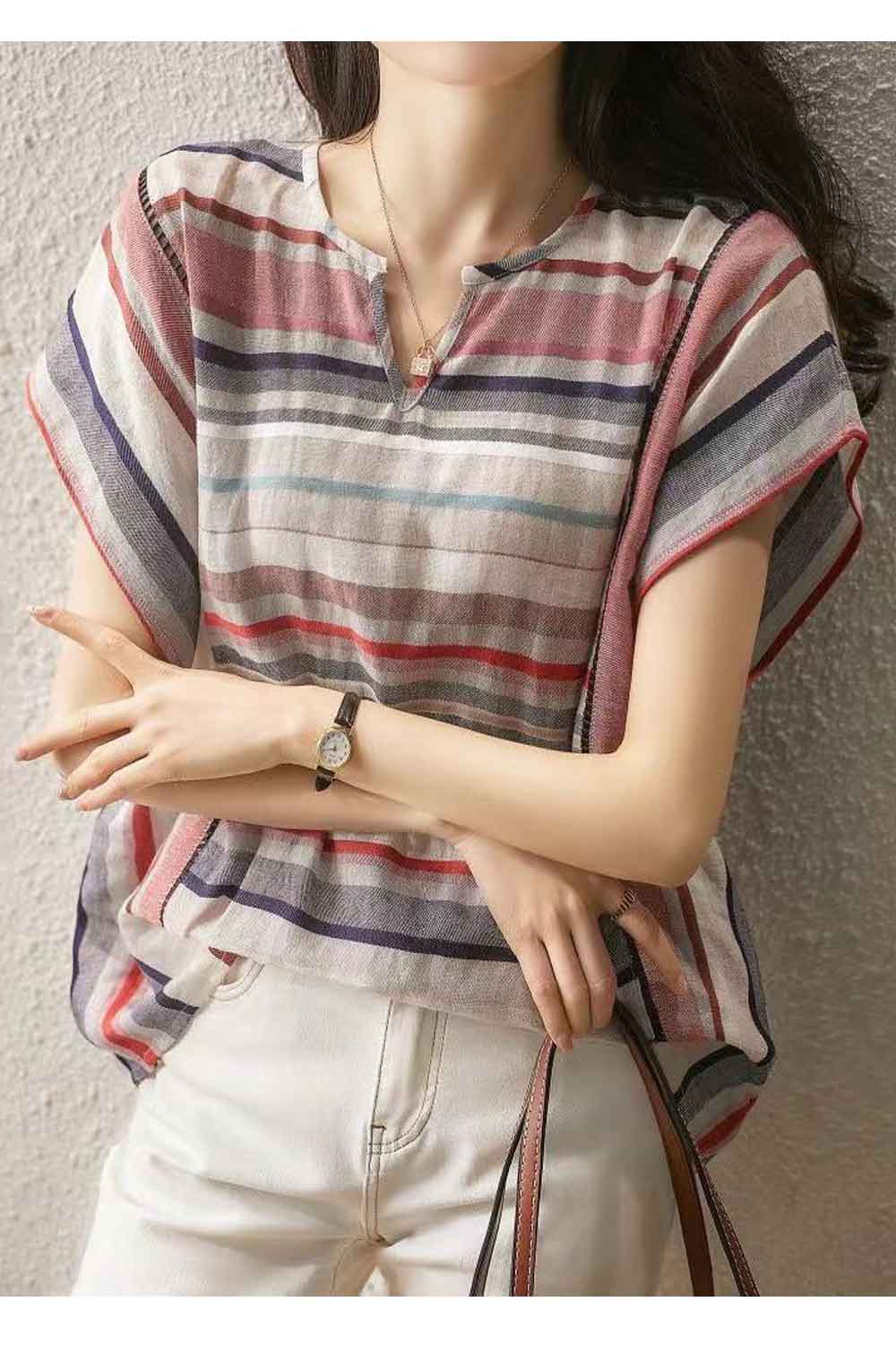 Women New Design Fashionable V-Neck Short Sleeves Striped Pattern Summer Thin Section Trendy Casual Cotton and Linen Fresh and S