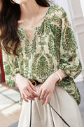 Women New Design Fashionable V-Neck Three Quarter Sleeves Shirring Printed Commuter Style Summer Casual Chiffon Shirt Top