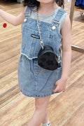 Kids Girls New Fashionable Solid Color Sleeveless Vest+Short Strap Suspenders with Descent Skirt Summer Denim Three Piece Set