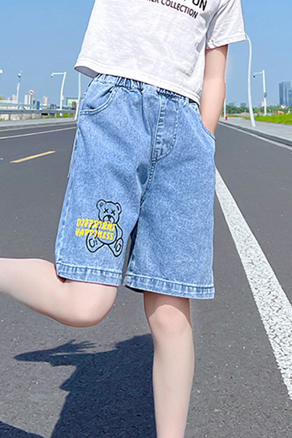 Kids Girls New Summer Denim Casual Teddy Bear Embroidery Elegant Shorts