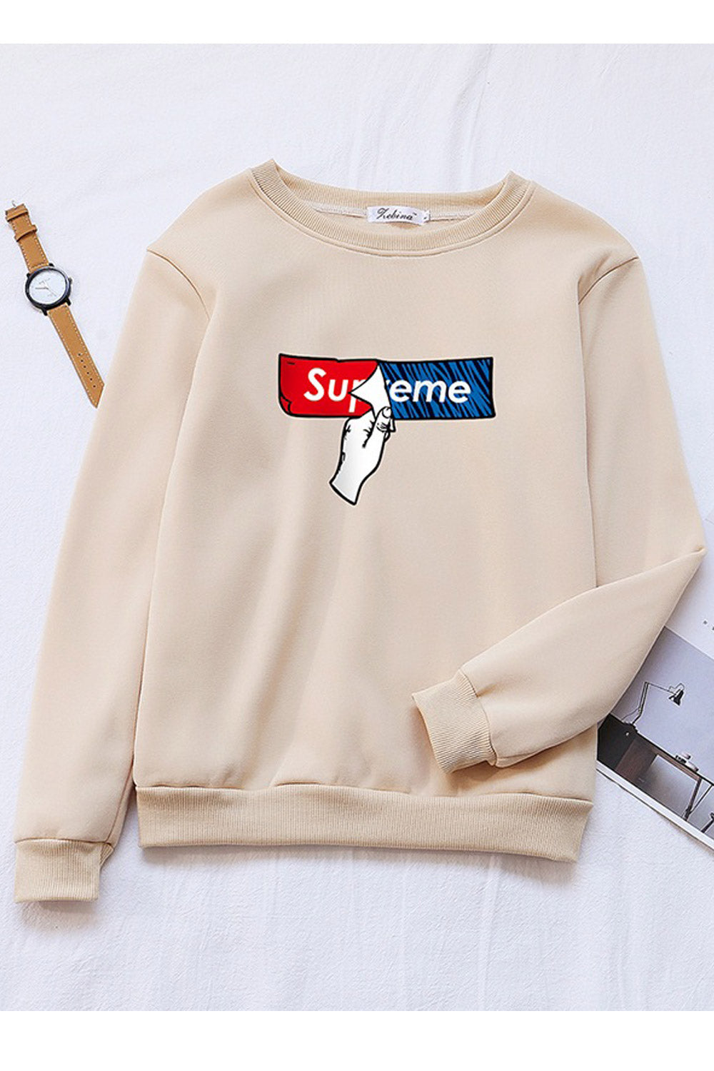 Women Splendid Round Neck Ribbed Hem Long Sleeve Winter Sweatshirt