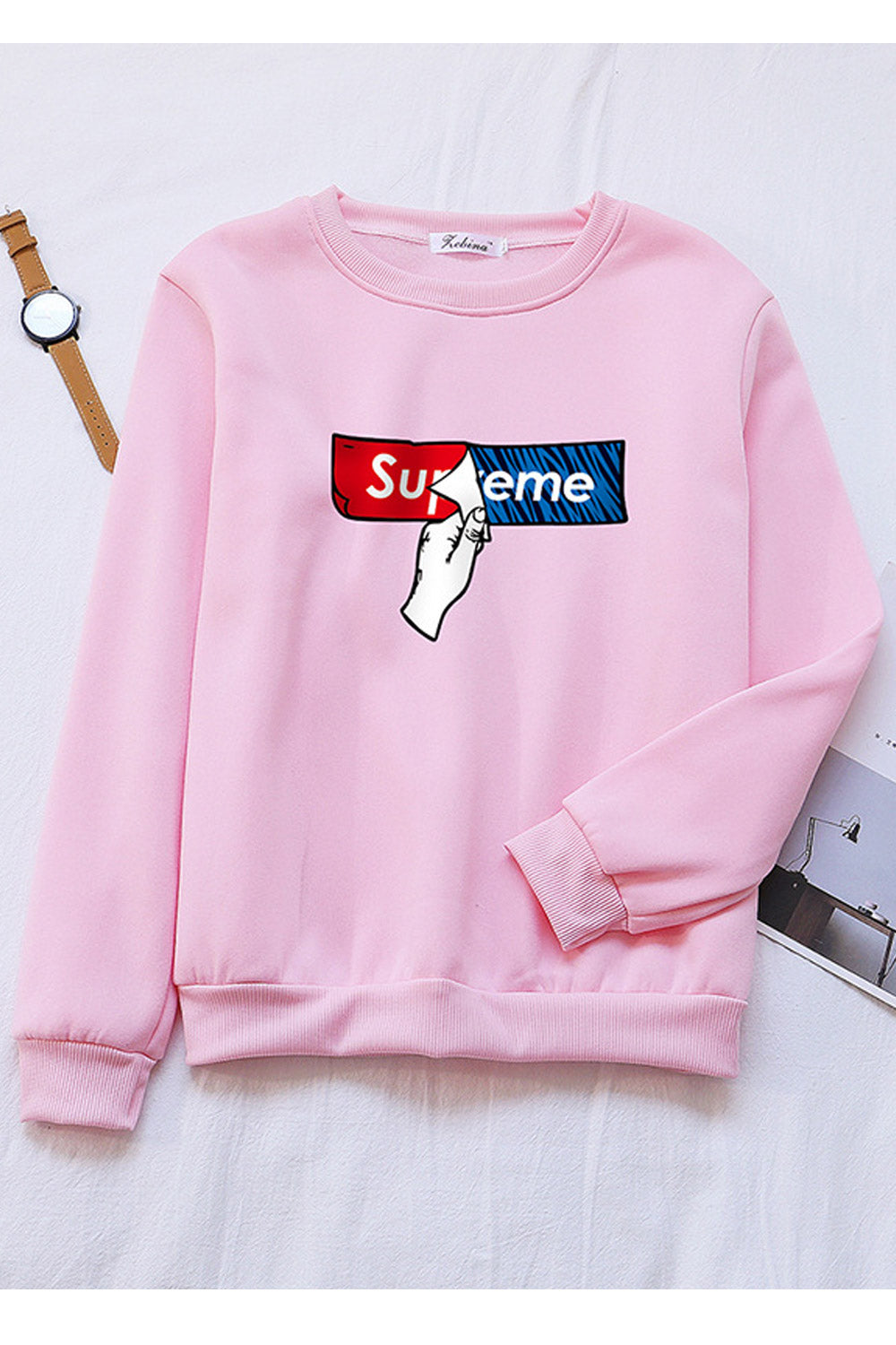 Women Splendid Round Neck Ribbed Hem Long Sleeve Winter Sweatshirt