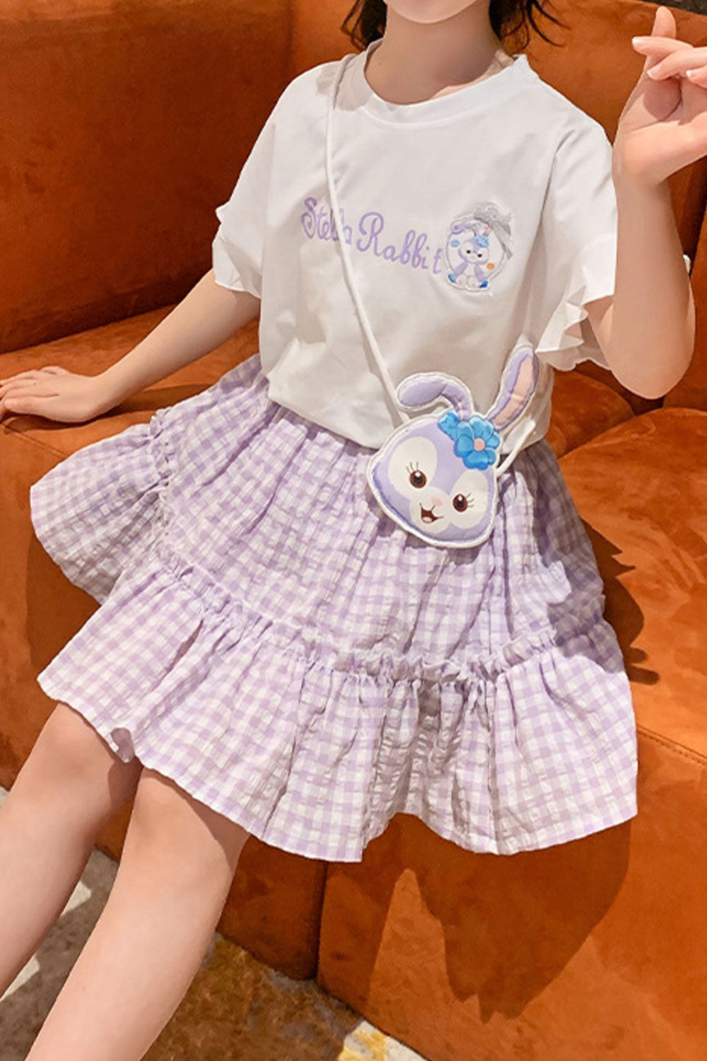 Kids Girls New Fashionable Round Neck Short Sleeved Alphabet, Cartoon Pattern Shirt with Elegant Plaid Skirt + Free Bag Summer T