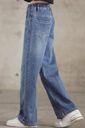 Kids Girls Restful Wide-Legs Tremendous Solid Colored Elasticated Mid-Waist Fashion Denim Jeans
