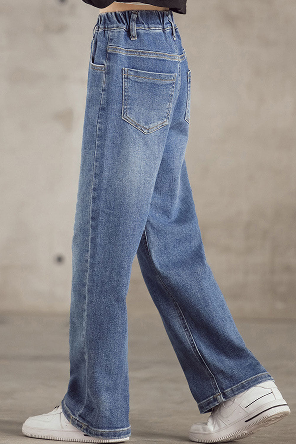 Kids Girls Restful Wide-Legs Tremendous Solid Colored Elasticated Mid-Waist Fashion Denim Jeans