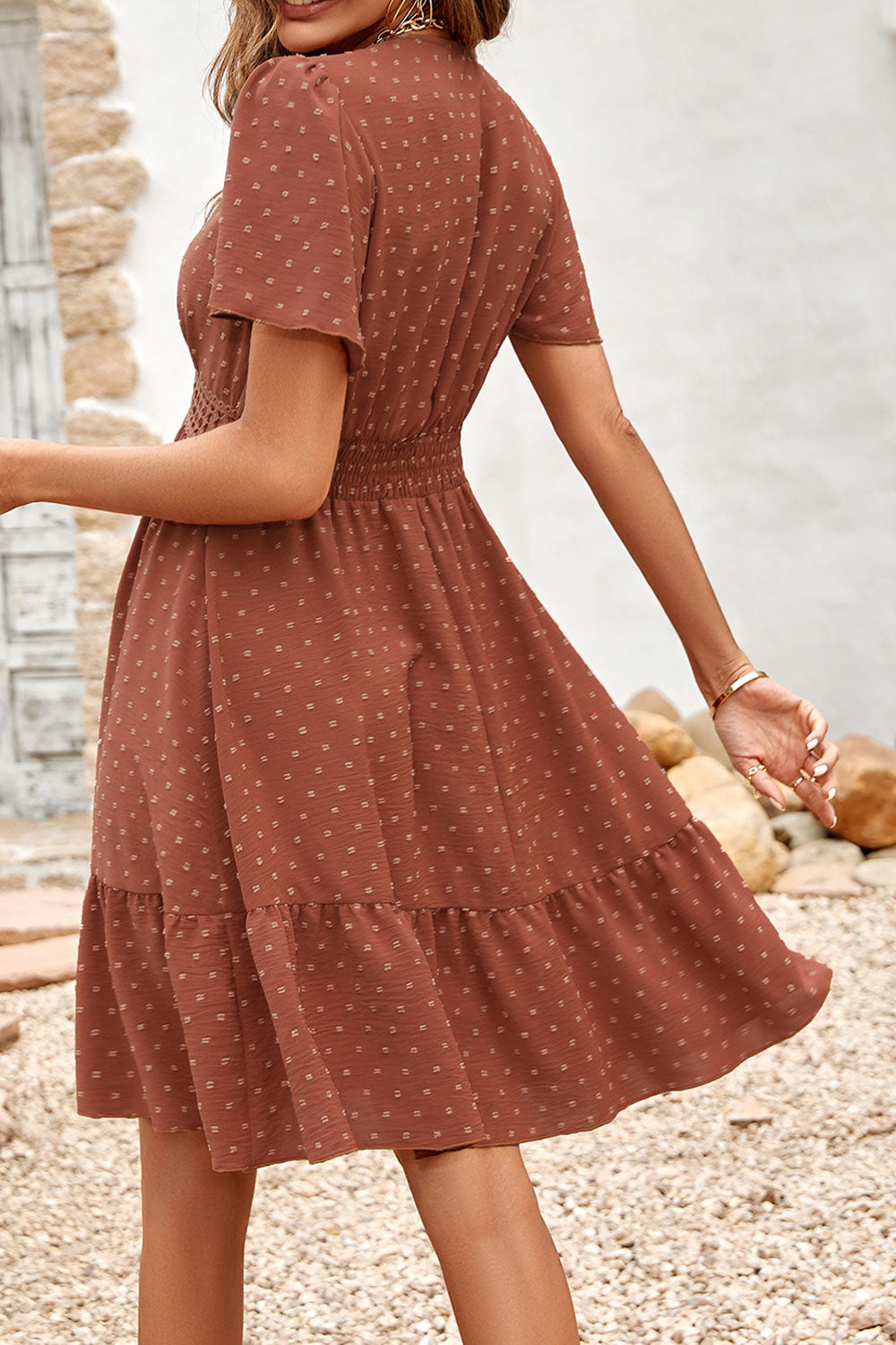 Women New Design Fashionable V-Neck Short Ruffled Sleeves Solid Color Pattern Fresh Air Style Summer and Spring Casual Sweet and