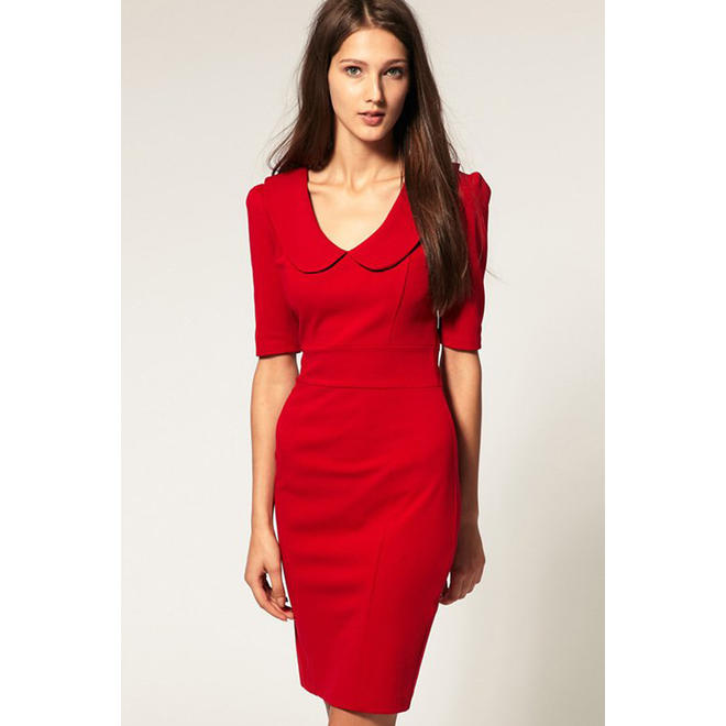 Women's Elegant Peter Pan Collar Short Sleeve Dress Red