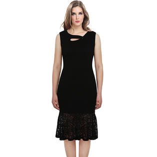 Women Sleeveless Lace Decorated Mermaid Style Dress Black