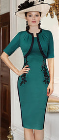 Women's American Half Sleeves Flower Embroidered Dress Green