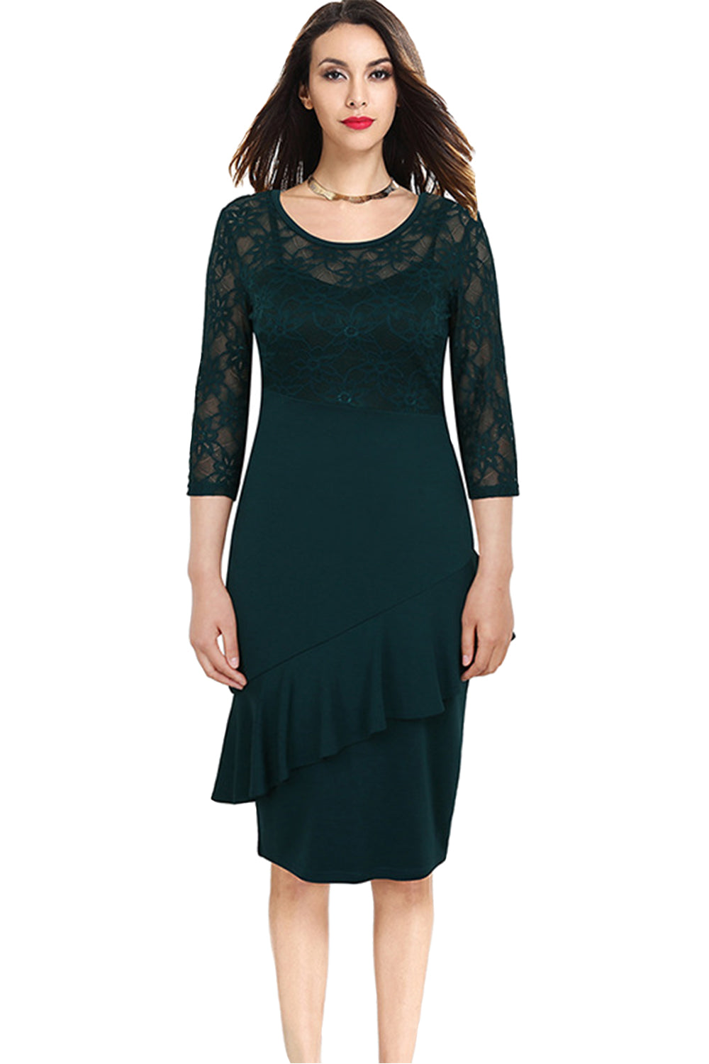 Women Round Neck 3/4 Sleeve Lace Up Ruffled Dress