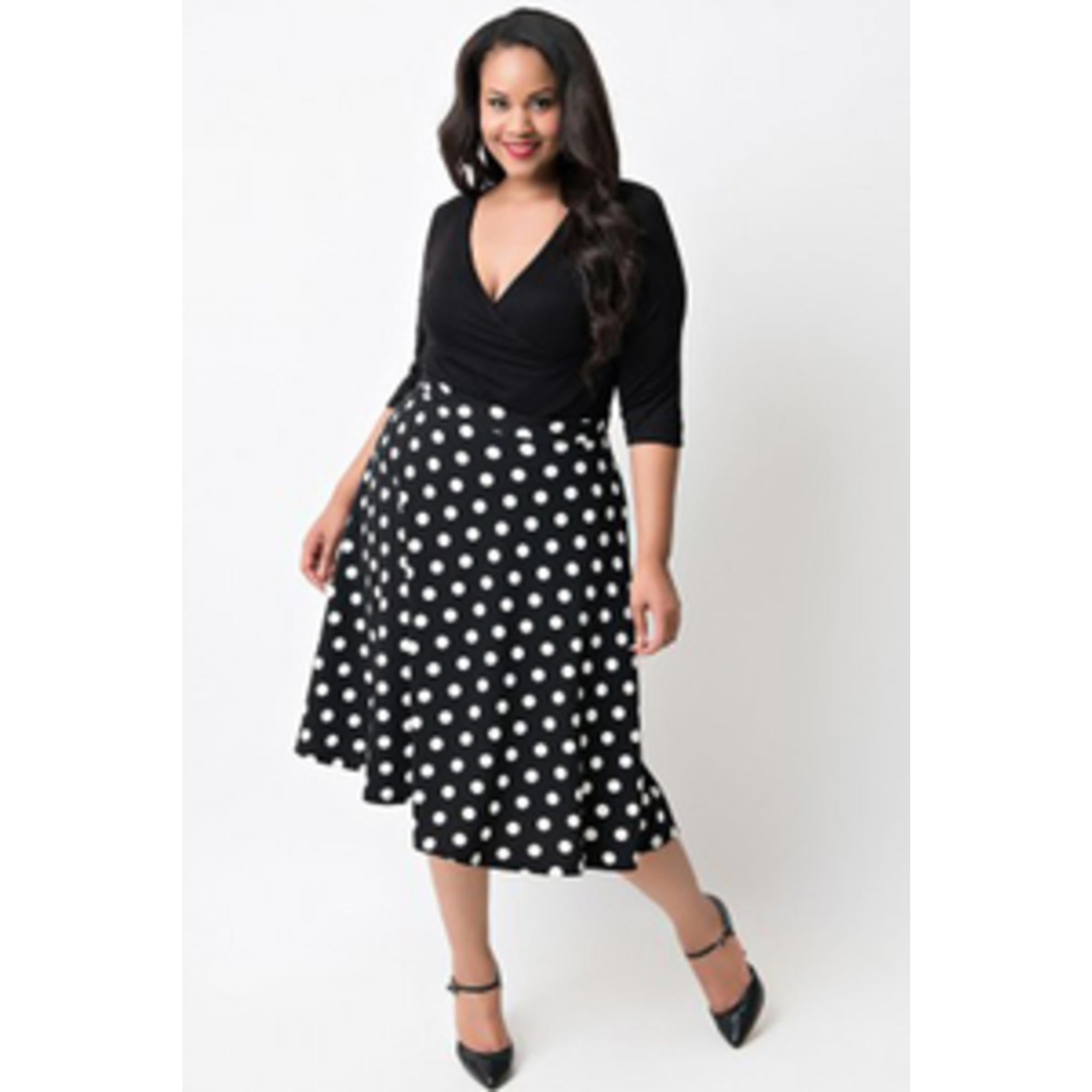 Women V-Neck Solid Bodice Polka Dot Printed Dress