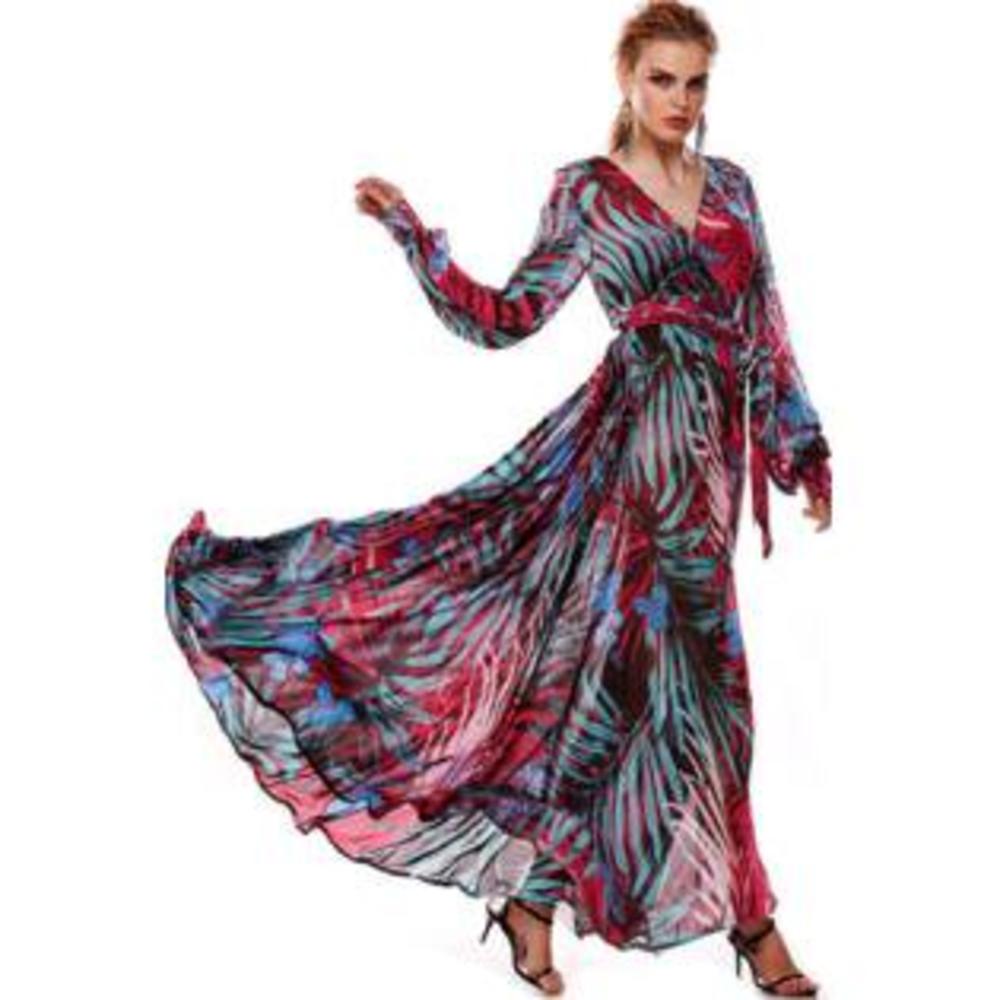 Women Chiffon Multi Colors V-Neck Long Dress Purple