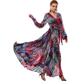 Women Chiffon Multi Colors V-Neck Long Dress Purple