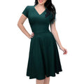 Women Halter Style V-Neck Short Sleeves Skirt Pleated Dress Green