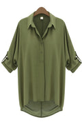 Women Collar Neck Folded Cuff Casual Shirt Army Green