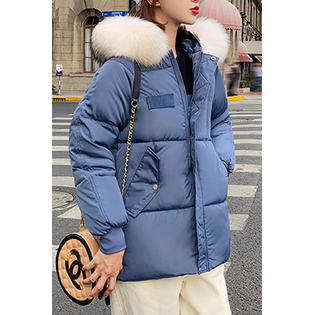 Women Fluffy Hood Wind Breaker Solid Pattern Loose Elastic Cuff Warm Padded Jacket