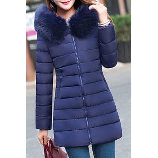 Women Cozy Wind Breaker Lightweight Elegant Fluffy Hood Neck Solid Colored Padded Jacket