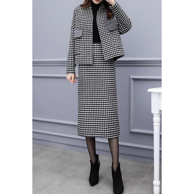 Women Stylish Pockets Plaid Two Piece Skirt Suit
