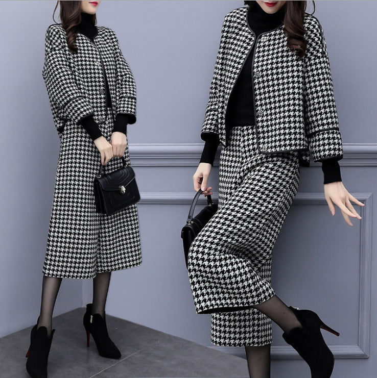 Women Stylish Pockets Plaid Two Piece Skirt Suit