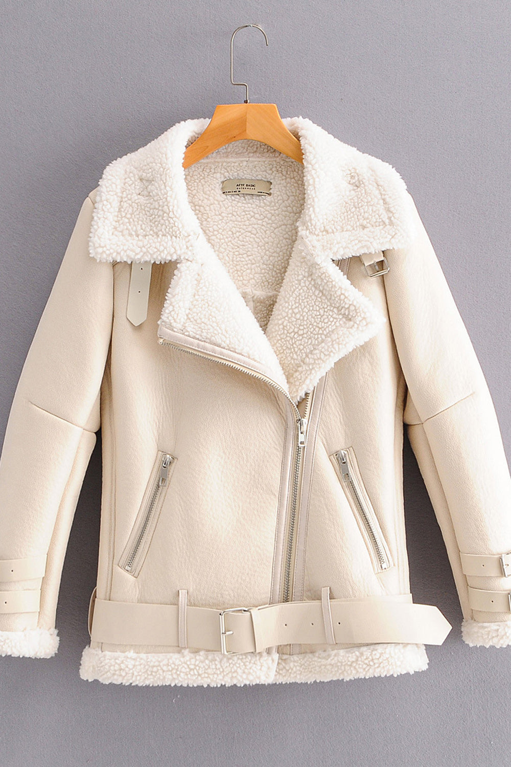 Women Belt Hem Thick Long Sleeve Regular Style Casual Winter Leather Jacket